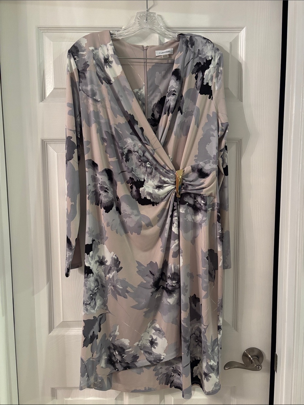 Calvin Klein Floral Twist-Front Dress in Blush and Gray Tones